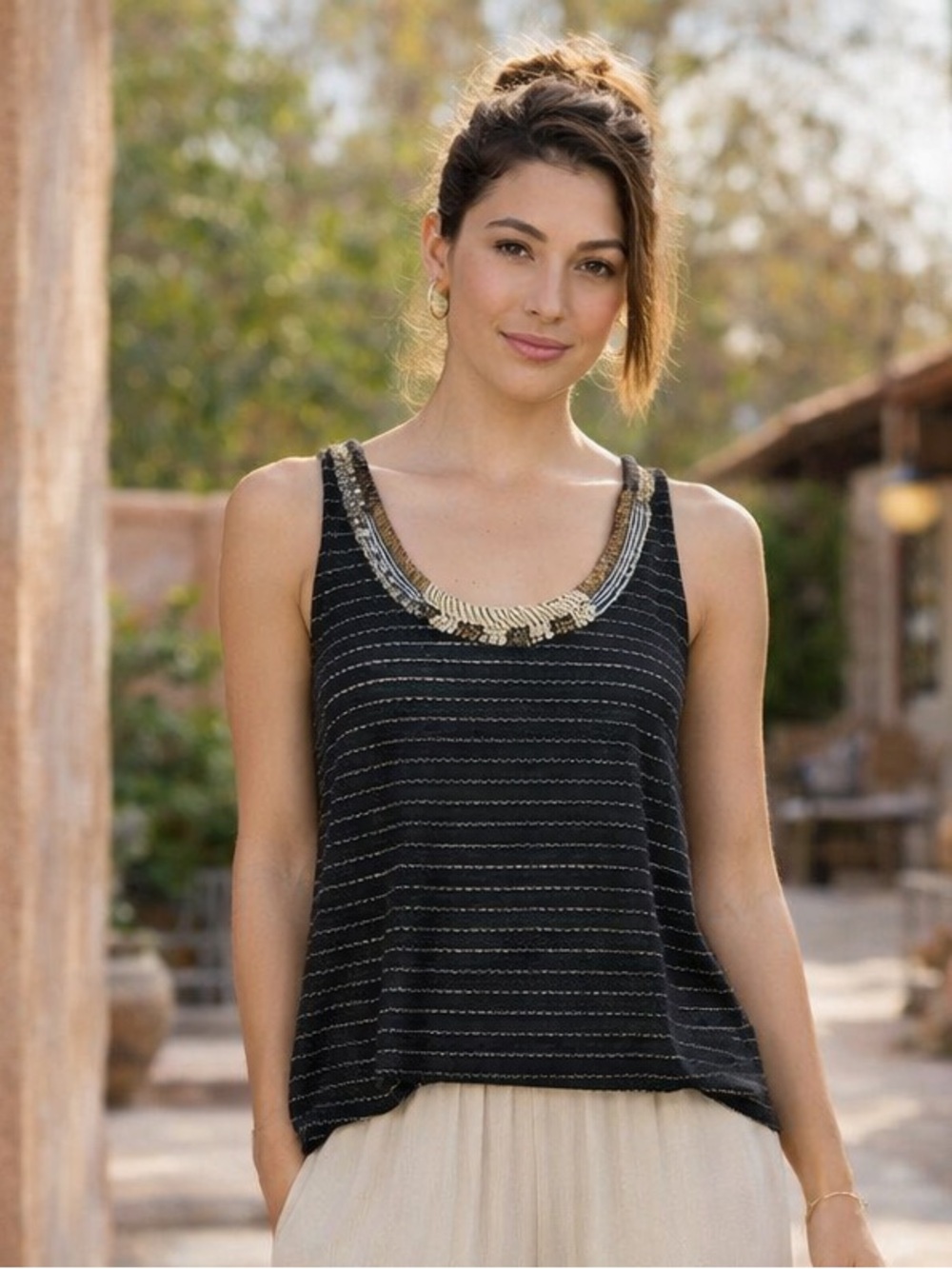FREE PEOPLE Black Aztec Louie Split Back Beaded Scoop Neck Tank Top Boho Chic S